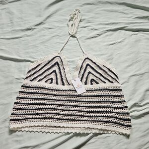 NWT Marine Layer Black and Cream Crochet Halter Top, Size XL